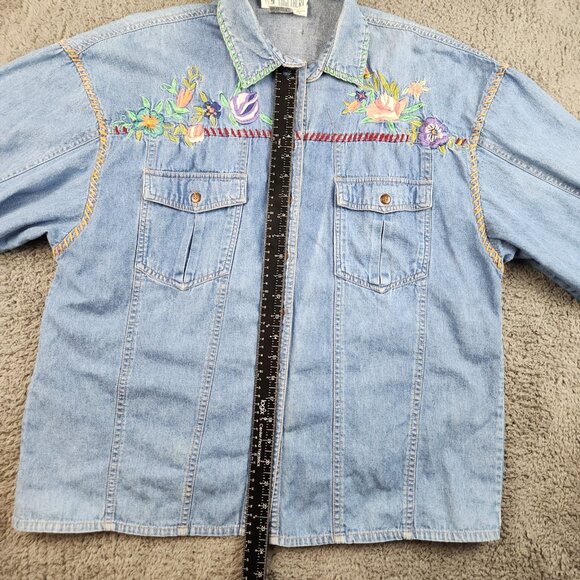 Vintage Denim Shirt Women’s Large Long Sleeves Button Front Floral Embroidered - Picture 4 of 11
